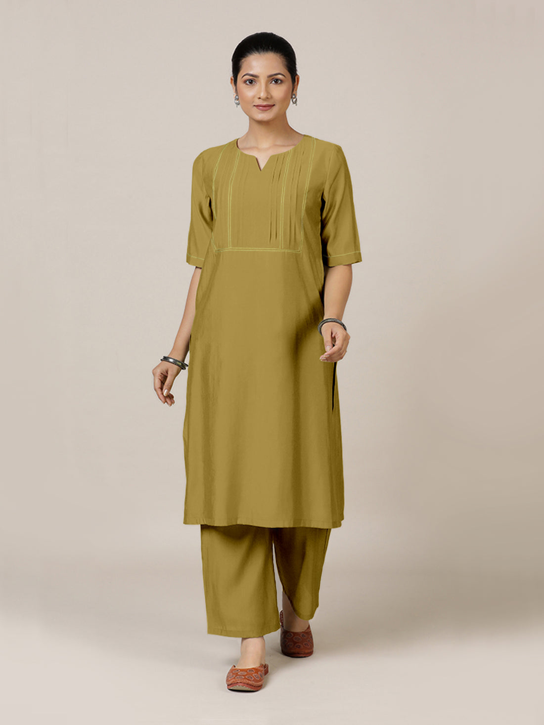 Esha x Rozaana Kurta, in Yellow Viscose, featuring elbow sleeves and round neck with splitline, made for daily & work (view 6).