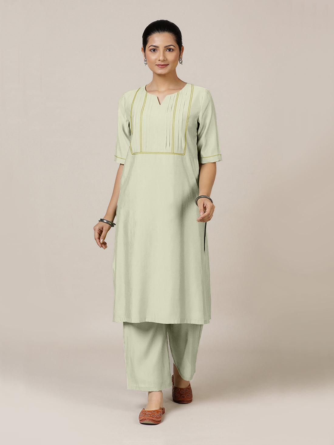 Esha x Rozaana Kurta, in Cream Viscose, featuring elbow sleeves and round neck with splitline, made for daily & work (view 6).