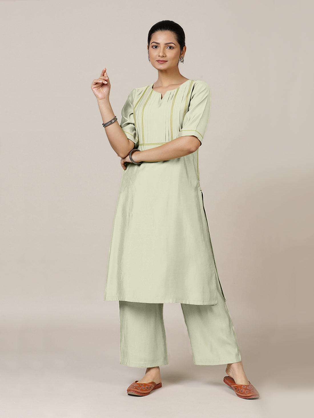 Esha x Rozaana Kurta, in Cream Viscose, featuring elbow sleeves and round neck with splitline, made for daily & work (view 8).