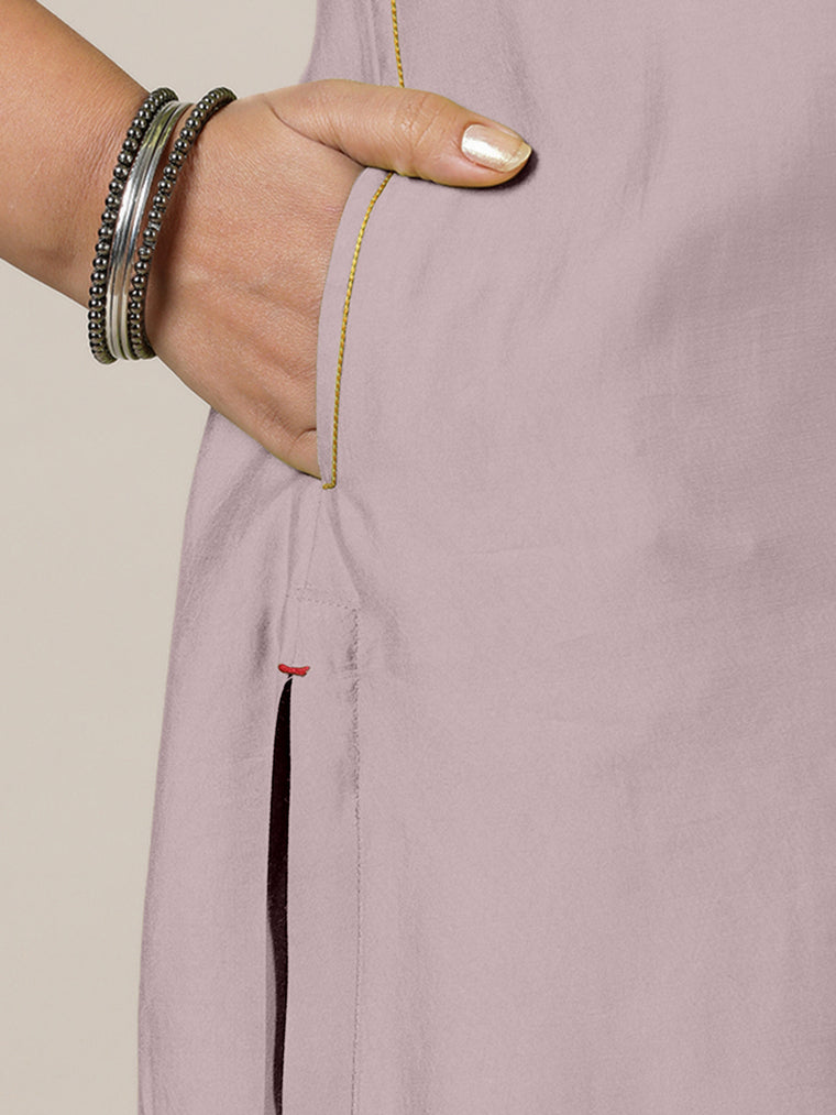 Esha x Rozaana Kurta, in Purple Viscose, featuring elbow sleeves and round neck with splitline, made for daily & work (view 3).