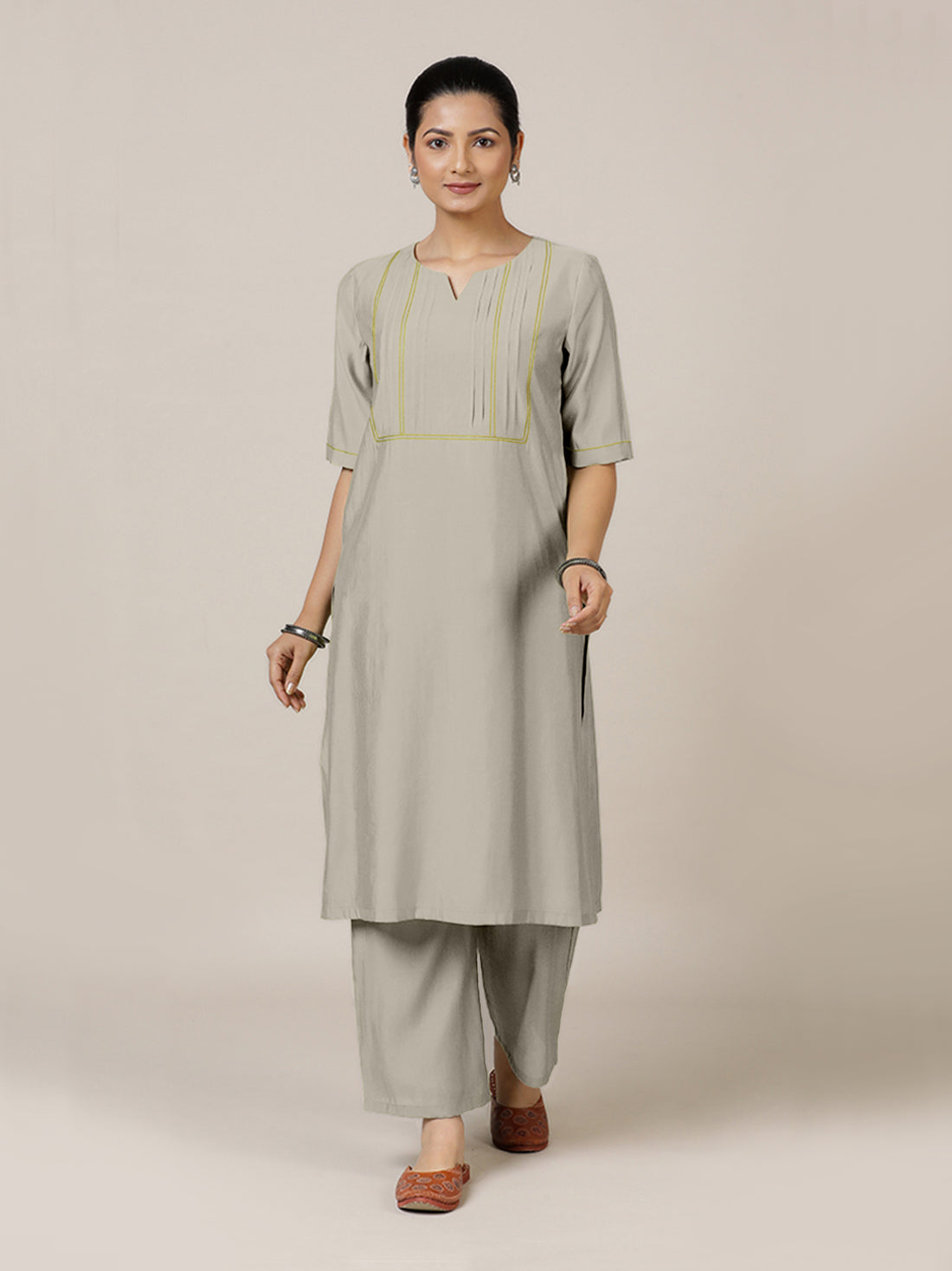 Esha x Rozaana Kurta, in Grey Viscose, featuring elbow sleeves and round neck with splitline, made for daily & work.