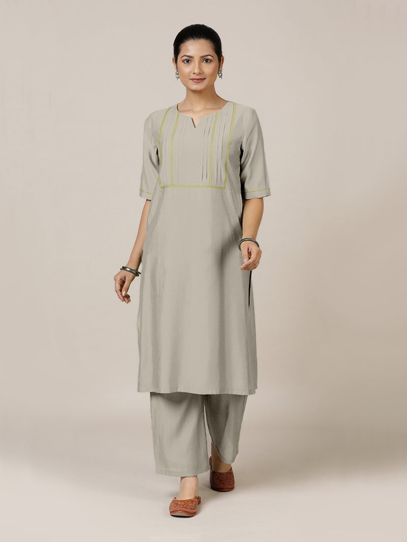 Esha x Rozaana Kurta, in Grey Viscose, featuring elbow sleeves and round neck with splitline, made for daily & work.