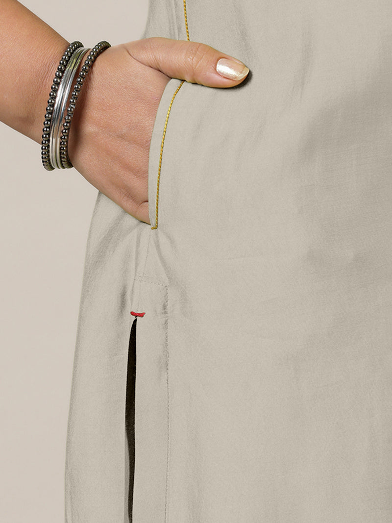 Esha x Rozaana Kurta, in Grey Viscose, featuring elbow sleeves and round neck with splitline, made for daily & work (view 3).