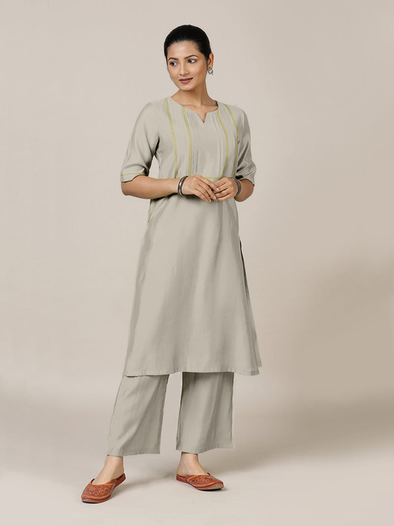 Esha x Rozaana Kurta, in Grey Viscose, featuring elbow sleeves and round neck with splitline, made for daily & work (view 6).