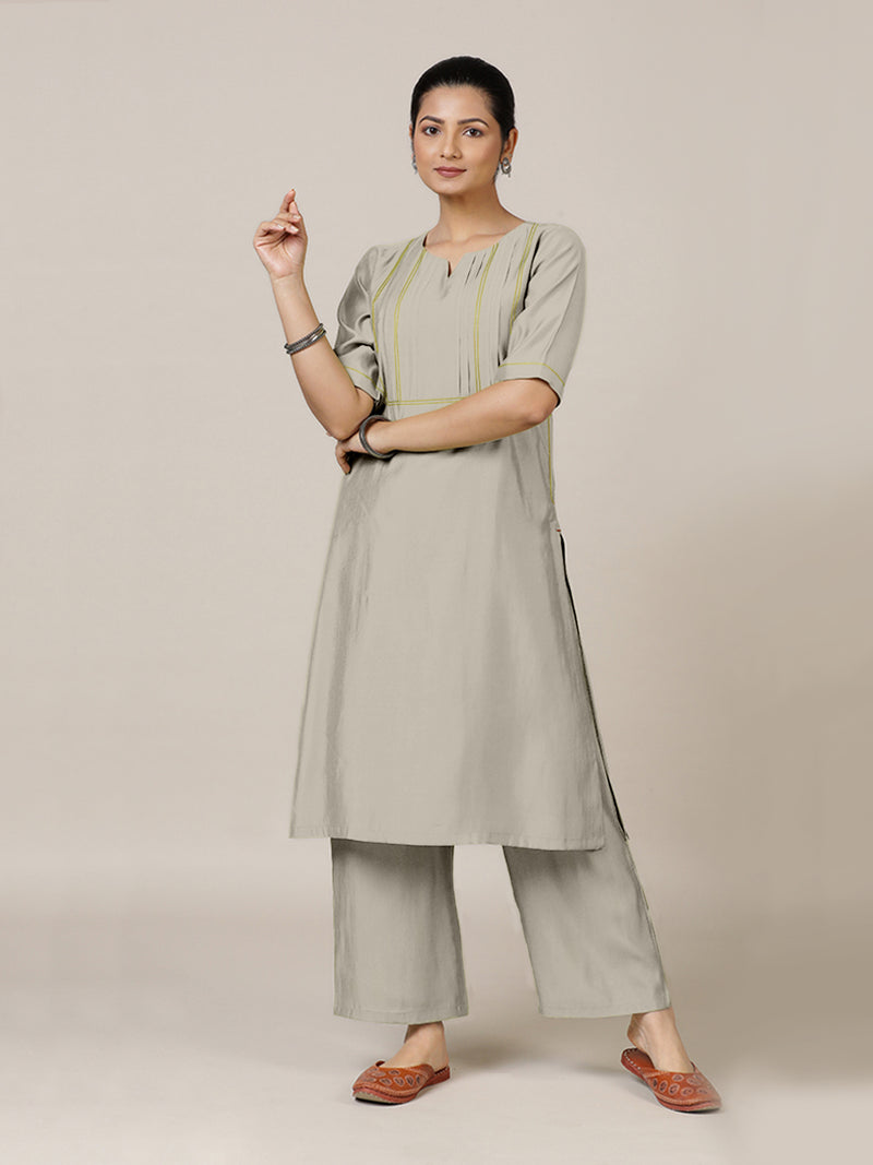 Esha x Rozaana Kurta, in Grey Viscose, featuring elbow sleeves and round neck with splitline, made for daily & work (view 7).