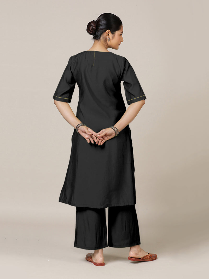 Esha x Rozaana | A Line Kurta in Raven Black with Thread Work | Coords or Only Kurta-Binks