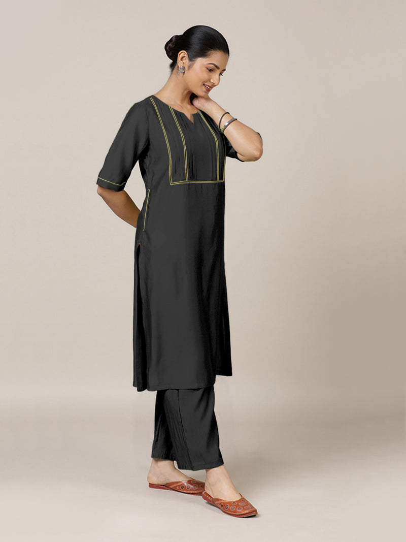 Esha x Rozaana | A Line Kurta in Raven Black with Thread Work | Coords or Only Kurta-Binks