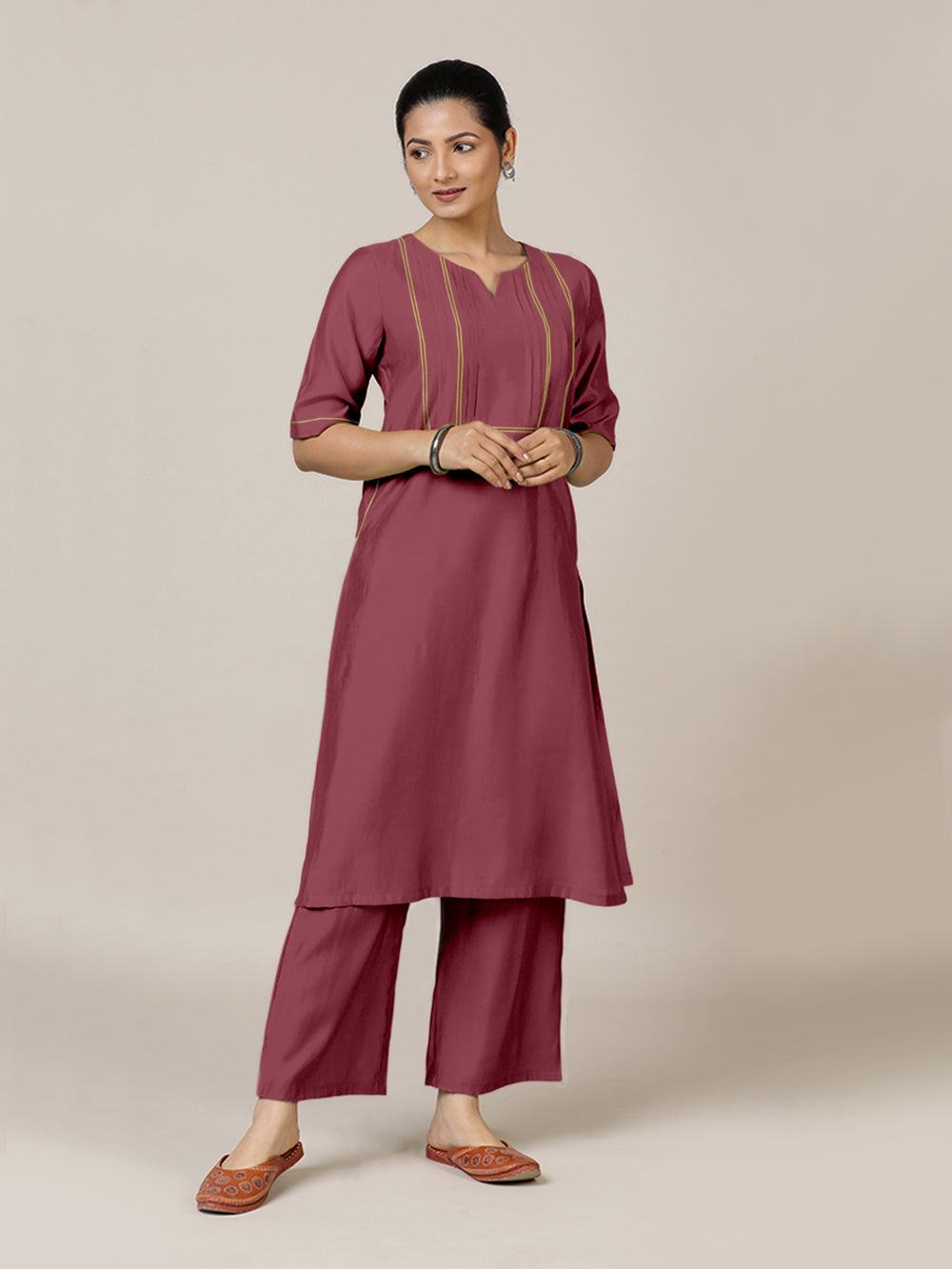 Esha x Rozaana | A Line Kurta in Rose Pink with Thread Work | Coords or Only Kurta