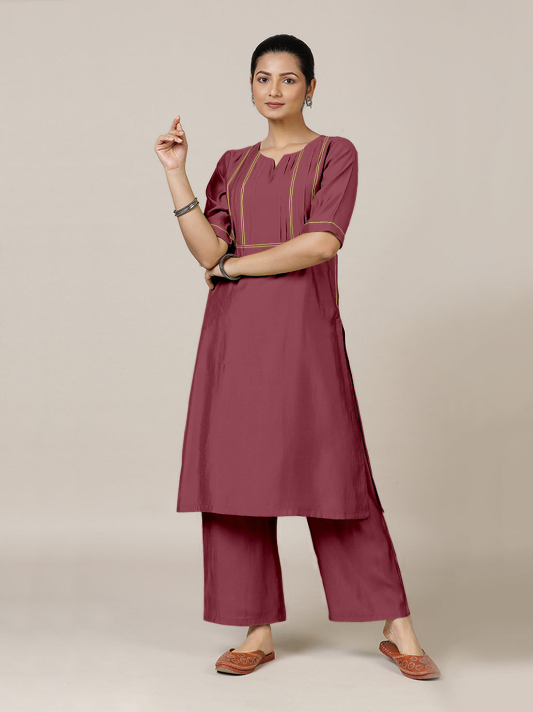 Esha x Rozaana Kurta, in Pink Viscose, featuring elbow sleeves and round neck with splitline, made for daily & work (view 7).