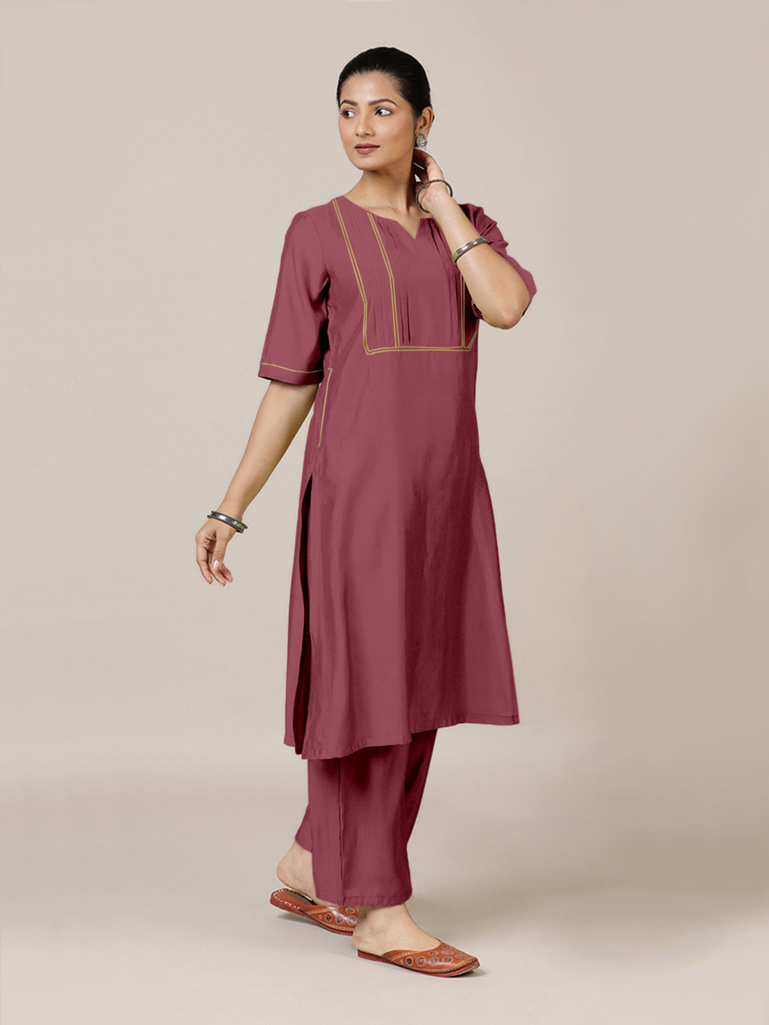 Esha x Rozaana Kurta, in Pink Viscose, featuring elbow sleeves and round neck with splitline, made for daily & work (view 8).