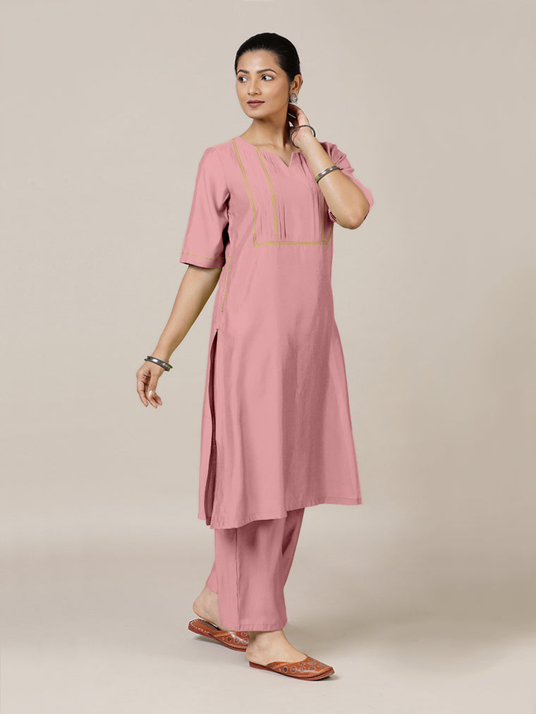 Esha x Rozaana Kurta, in Pink Viscose, featuring elbow sleeves and round neck with splitline, made for daily & work.