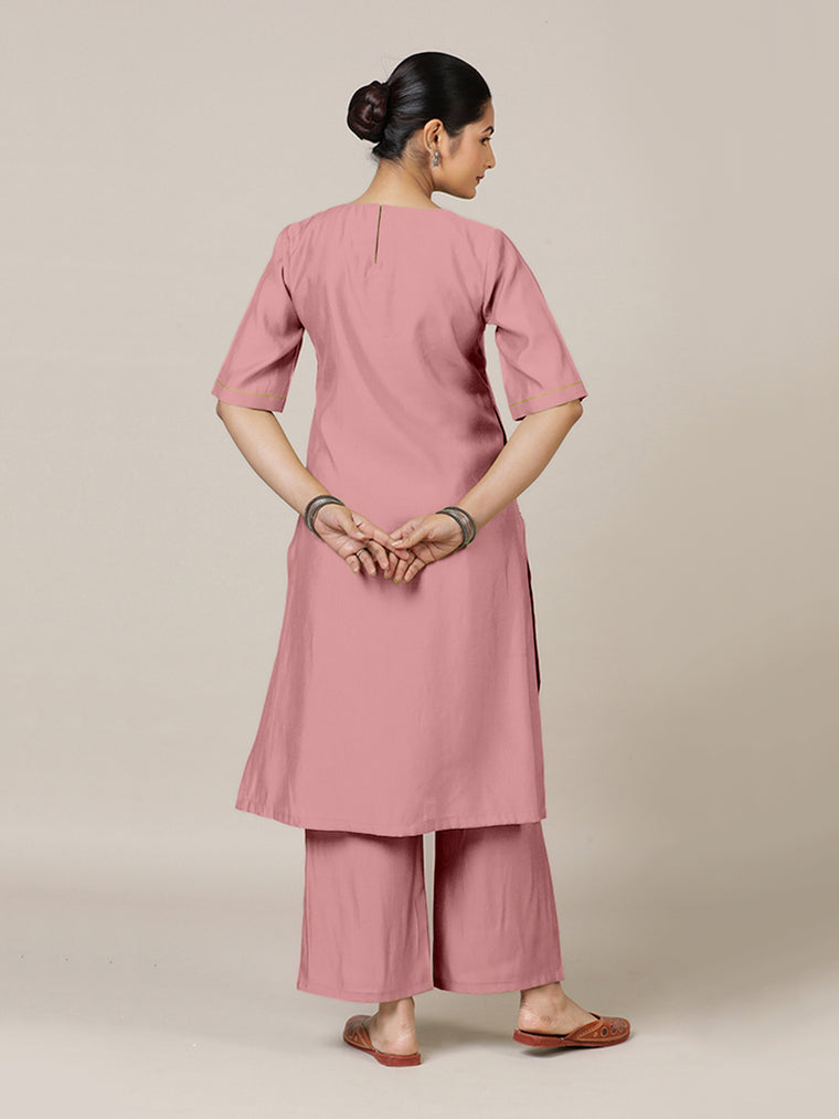 Esha x Rozaana Kurta, in Pink Viscose, featuring elbow sleeves and round neck with splitline, made for daily & work (view 2).