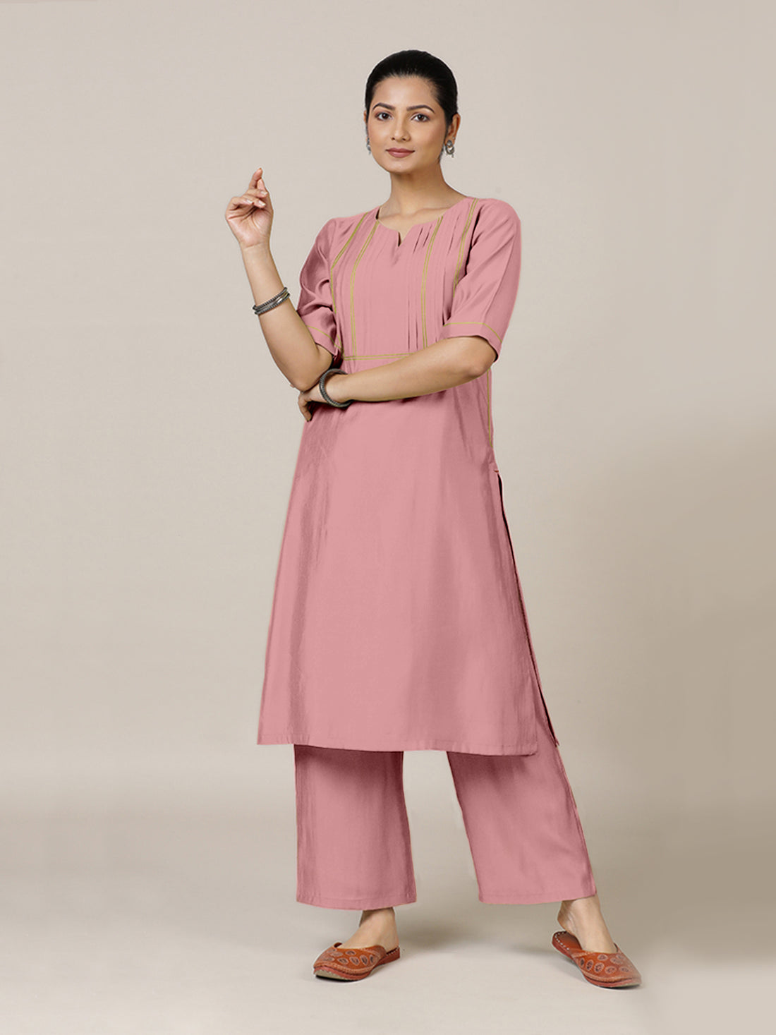 Esha x Rozaana Kurta, in Pink Viscose, featuring elbow sleeves and round neck with splitline, made for daily & work (view 7).
