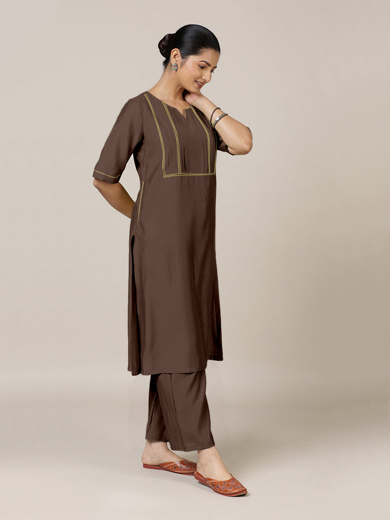 Esha x Rozaana Kurta, in Brown Viscose, featuring elbow sleeves and round neck with splitline, made for daily & work.