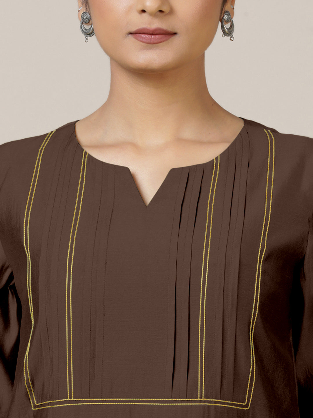 Esha x Rozaana Kurta, in Brown Viscose, featuring elbow sleeves and round neck with splitline, made for daily & work (view 4).