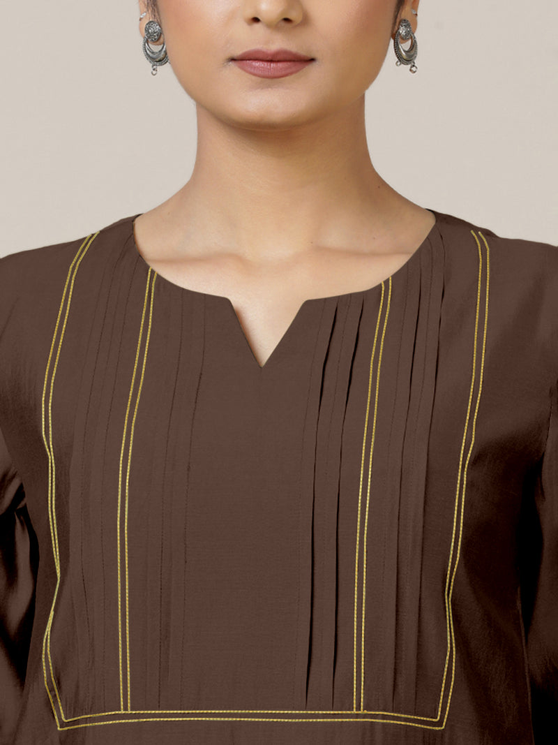 Esha x Rozaana | A Line Kurta in Walnut Brown with Thread Work | Coords or Only Kurta-Binks