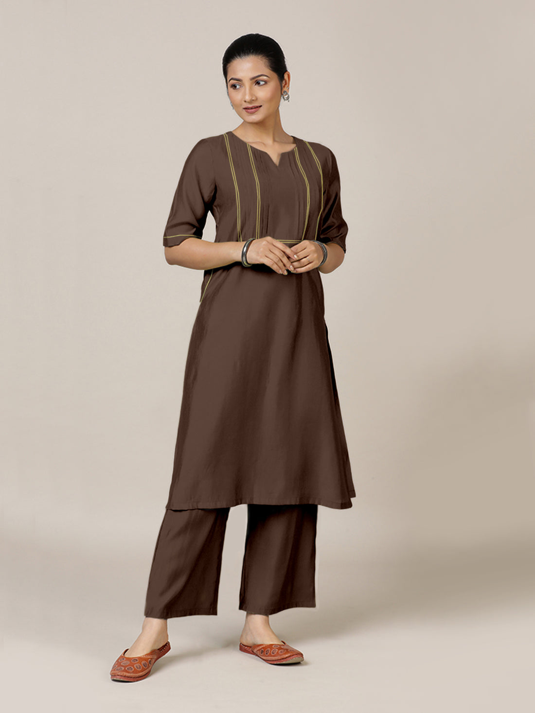 Esha x Rozaana Kurta, in Brown Viscose, featuring elbow sleeves and round neck with splitline, made for daily & work (view 6).
