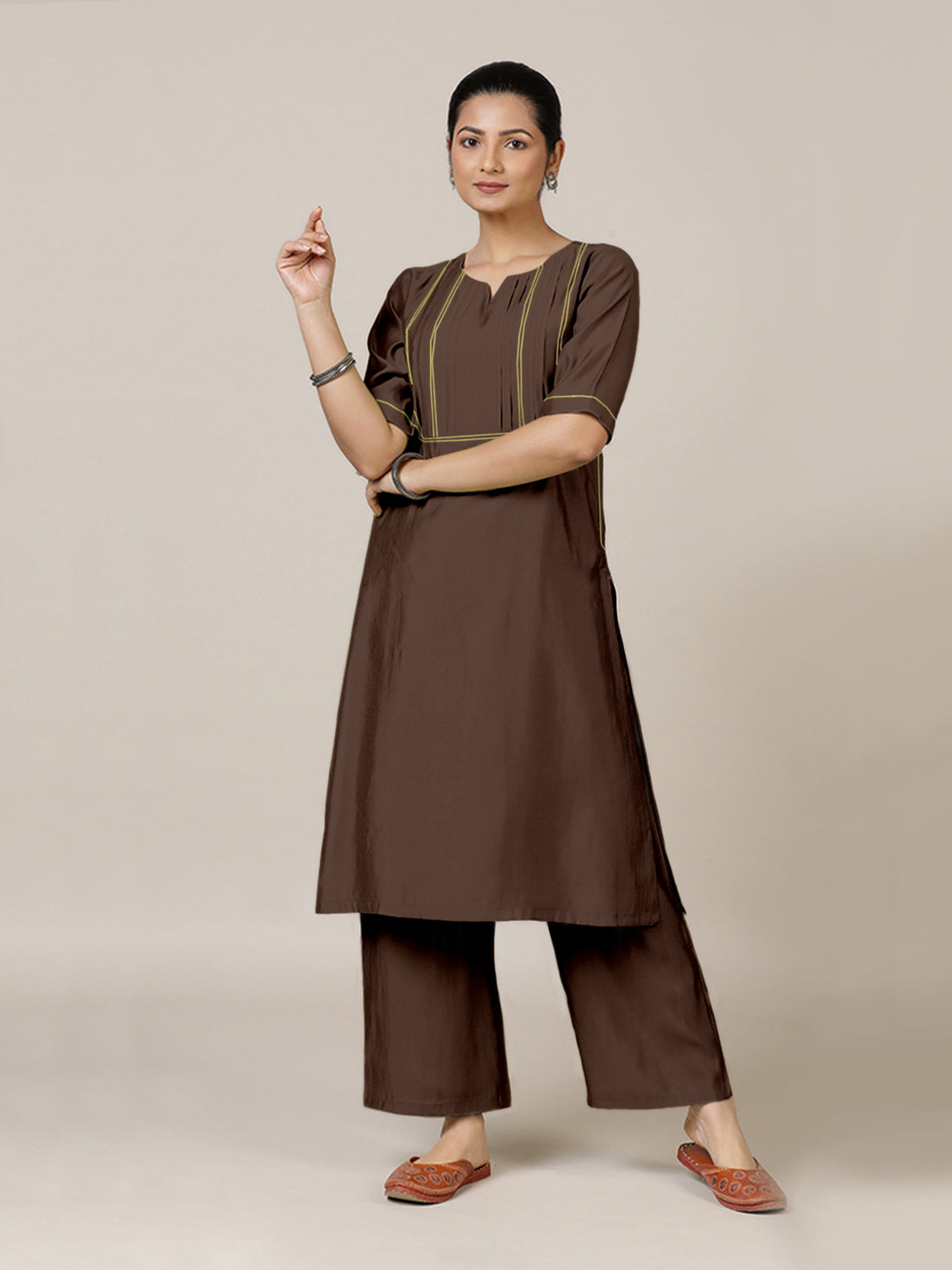 Esha x Rozaana Kurta, in Brown Viscose, featuring elbow sleeves and round neck with splitline, made for daily & work (view 7).