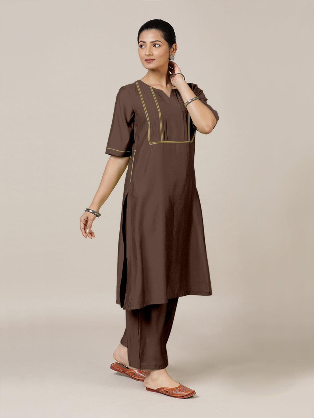 Esha x Rozaana Kurta, in Brown Viscose, featuring elbow sleeves and round neck with splitline, made for daily & work (view 8).