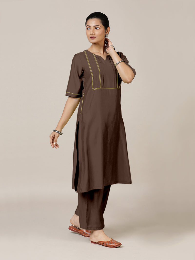 Esha x Rozaana | A Line Kurta in Walnut Brown with Thread Work | Coords or Only Kurta-Binks