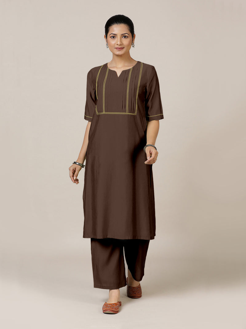 Esha x Rozaana | A Line Kurta in Walnut Brown with Thread Work | Coords or Only Kurta-Binks