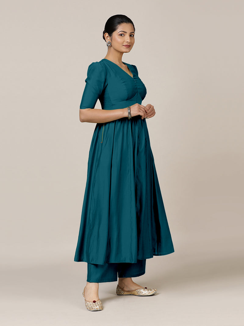 Faiza x Rozaana | A Line Kurta in Crystal Teal with Thread Work | Coords or Only Kurta-Binks
