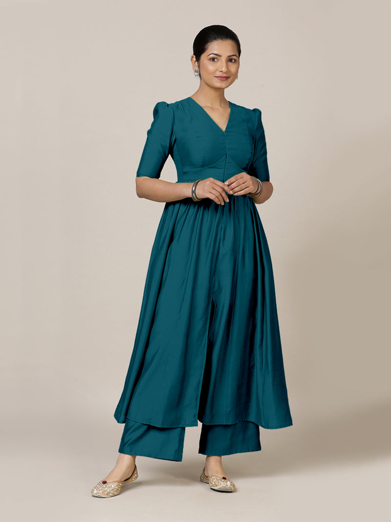 Faiza x Rozaana | A Line Kurta in Crystal Teal with Thread Work | Coords or Only Kurta-Binks