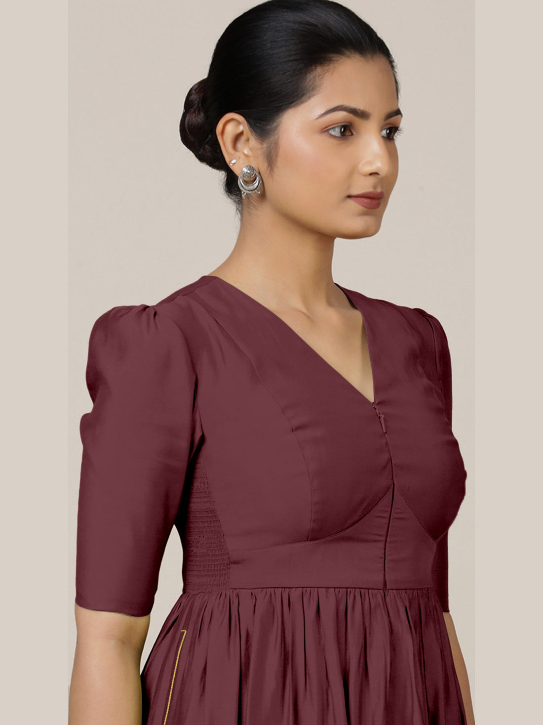 Faiza x Rozaana Kurta, in Maroon Viscose, featuring elbow sleeves and v-neckline, made for daily & work (view 3).