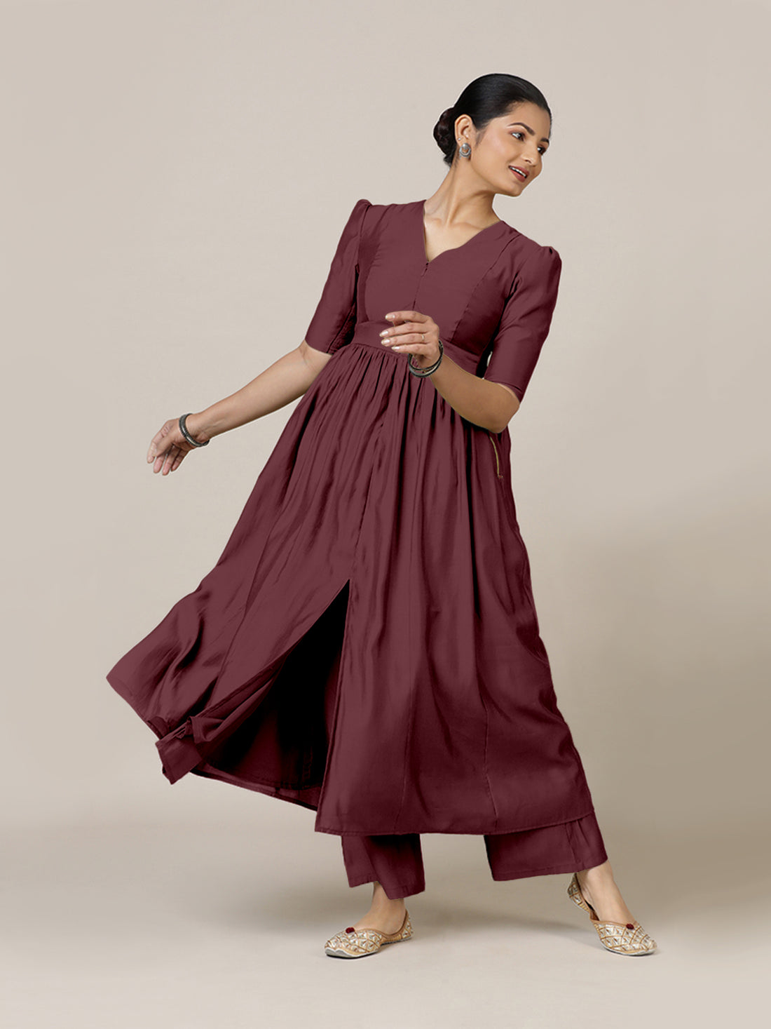 Faiza x Rozaana Kurta, in Maroon Viscose, featuring elbow sleeves and v-neckline, made for daily & work (view 8).