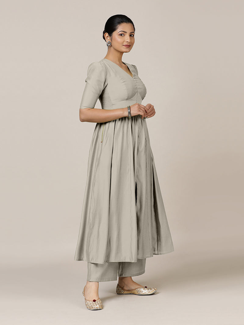 Faiza x Rozaana | A Line Kurta in Oyster Grey with Thread Work | Coords or Only Kurta-Binks