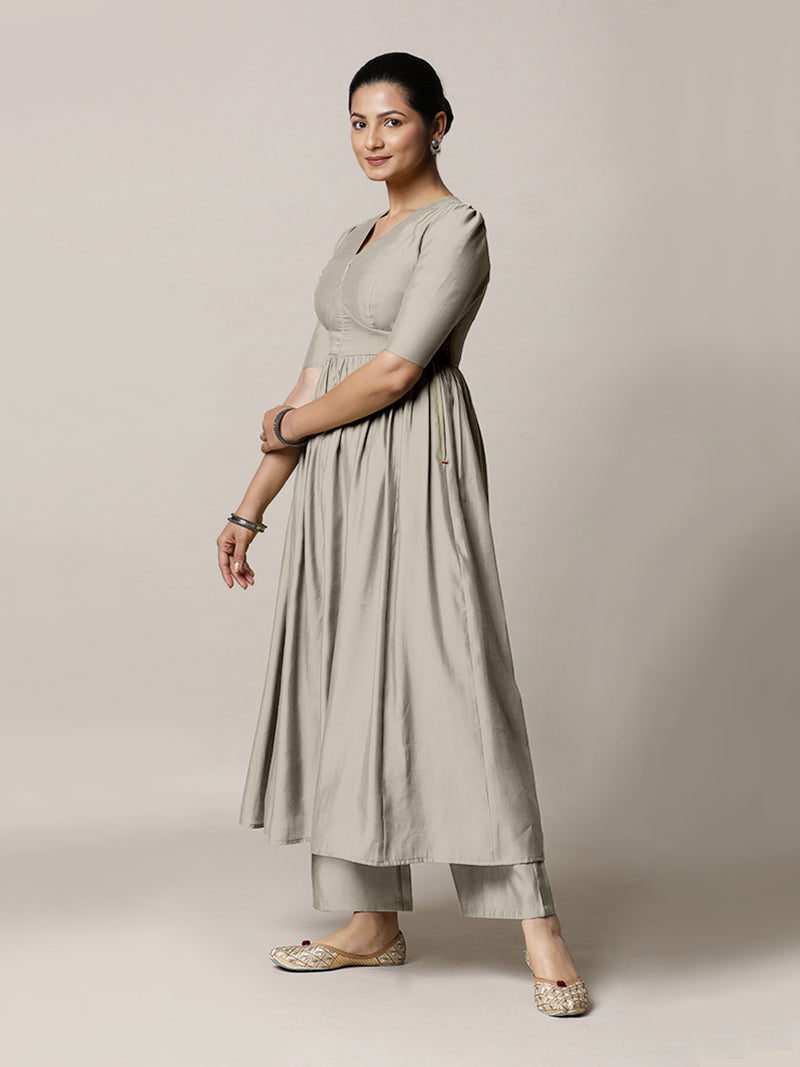 Faiza x Rozaana | A Line Kurta in Oyster Grey with Thread Work | Coords or Only Kurta-Binks