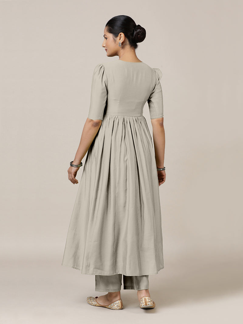Faiza x Rozaana | A Line Kurta in Oyster Grey with Thread Work | Coords or Only Kurta-Binks