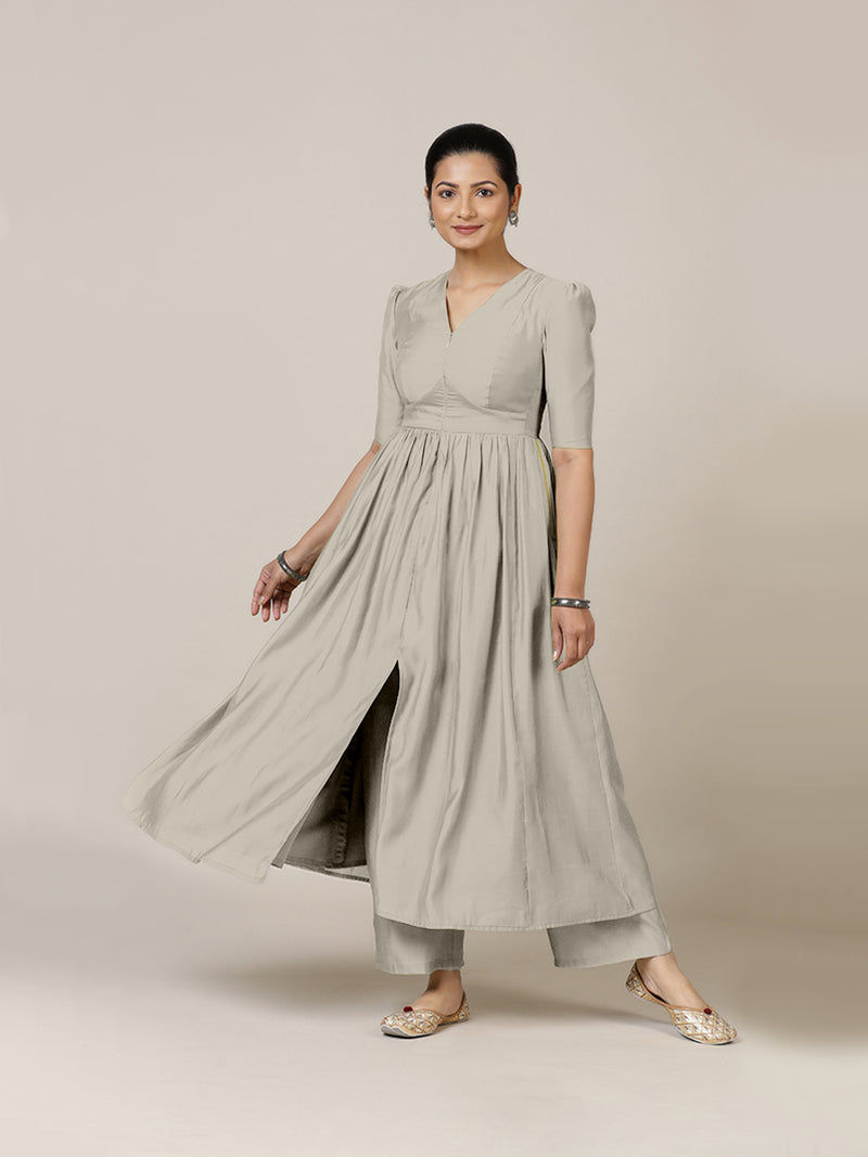 Faiza x Rozaana | A Line Kurta in Oyster Grey with Thread Work | Coords or Only Kurta-Binks