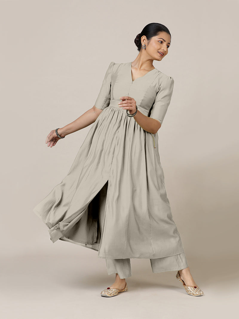 Faiza x Rozaana | A Line Kurta in Oyster Grey with Thread Work | Coords or Only Kurta-Binks