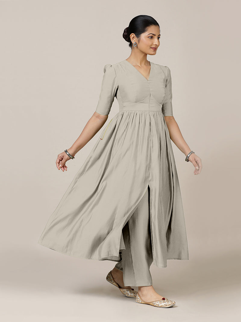 Faiza x Rozaana | A Line Kurta in Oyster Grey with Thread Work | Coords or Only Kurta-Binks