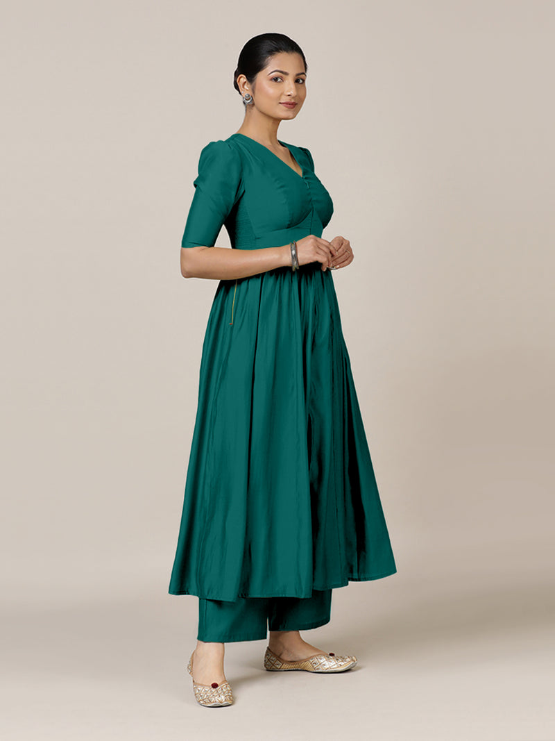 Faiza x Rozaana | A Line Kurta in Peacock Green with Thread Work | Coords or Only Kurta-Binks