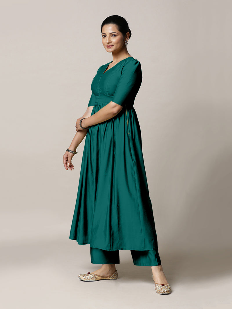 Faiza x Rozaana | A Line Kurta in Peacock Green with Thread Work | Coords or Only Kurta-Binks