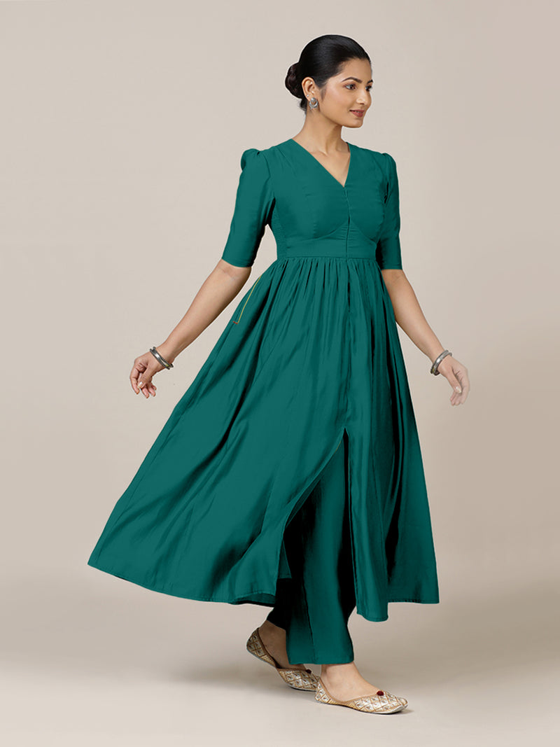 Faiza x Rozaana | A Line Kurta in Peacock Green with Thread Work | Coords or Only Kurta-Binks