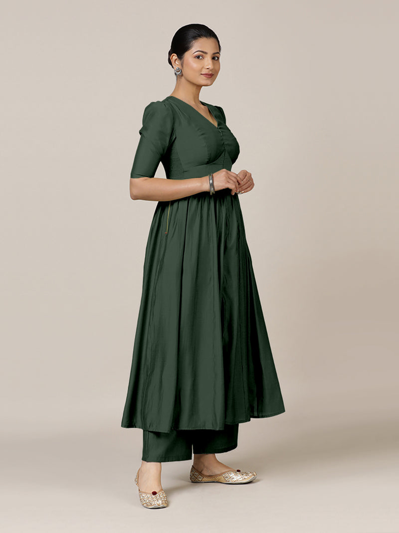 Faiza x Rozaana | A Line Kurta in Pine Green with Thread Work | Coords or Only Kurta-Binks