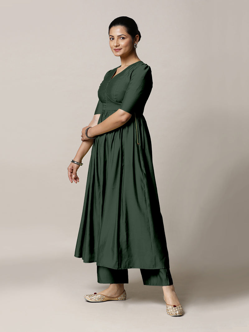 Faiza x Rozaana | A Line Kurta in Pine Green with Thread Work | Coords or Only Kurta-Binks