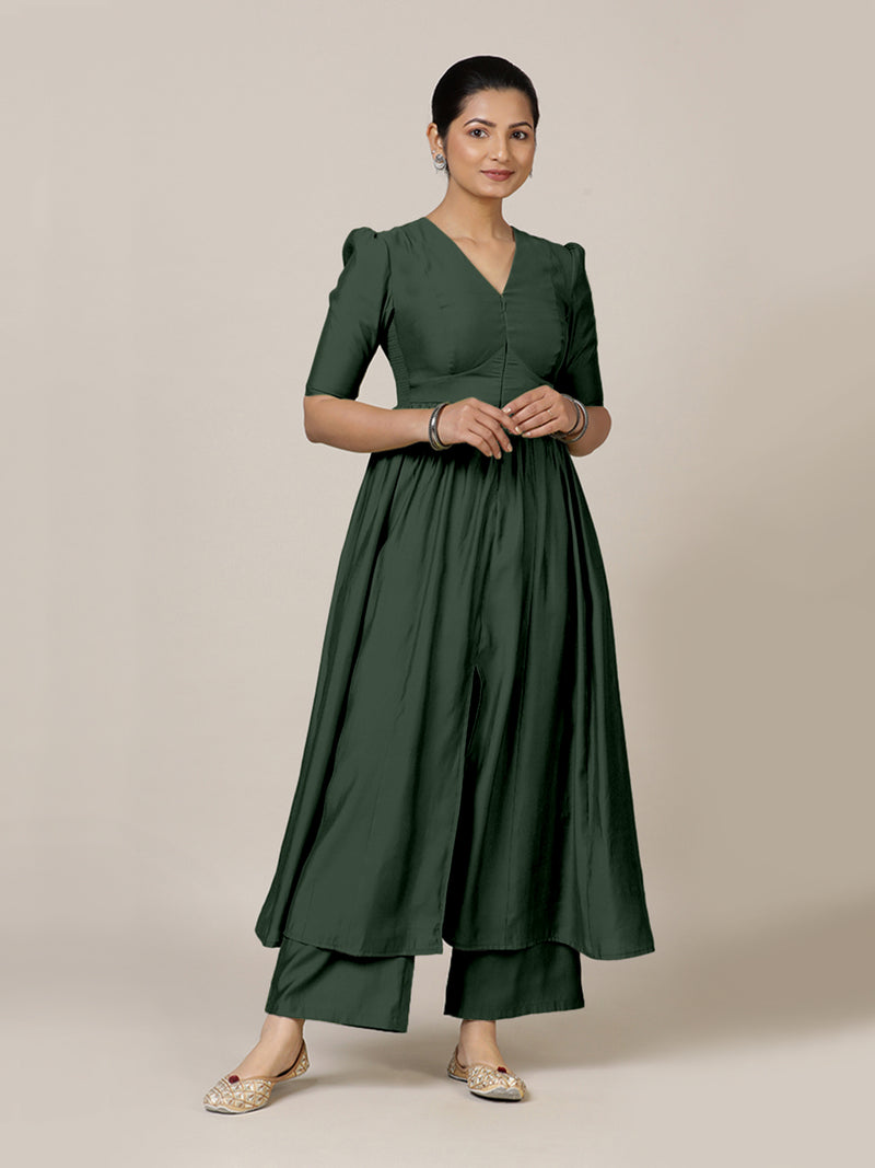 Faiza x Rozaana | A Line Kurta in Pine Green with Thread Work | Coords or Only Kurta-Binks