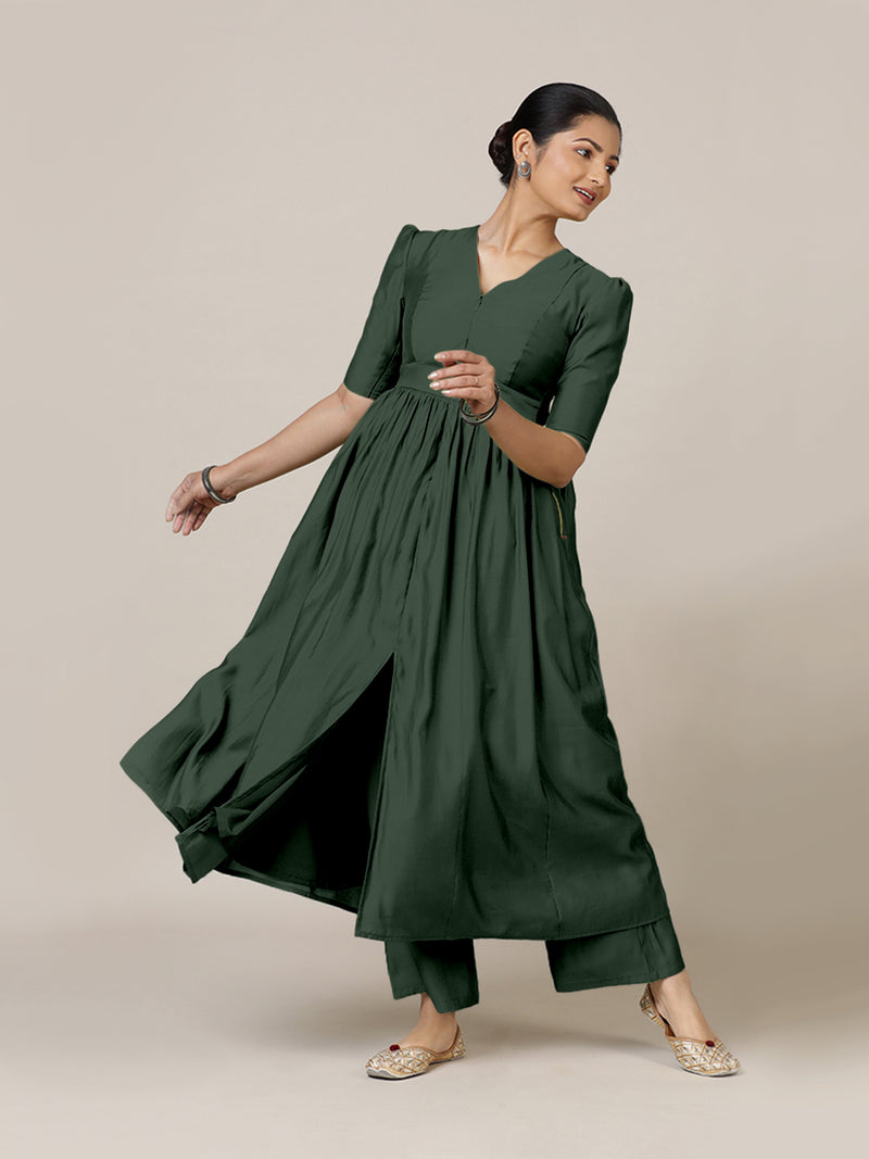 Faiza x Rozaana | A Line Kurta in Pine Green with Thread Work | Coords or Only Kurta-Binks