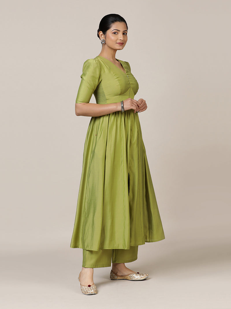 Faiza x Rozaana | A Line Kurta in Pista Green with Thread Work | Coords or Only Kurta-Binks