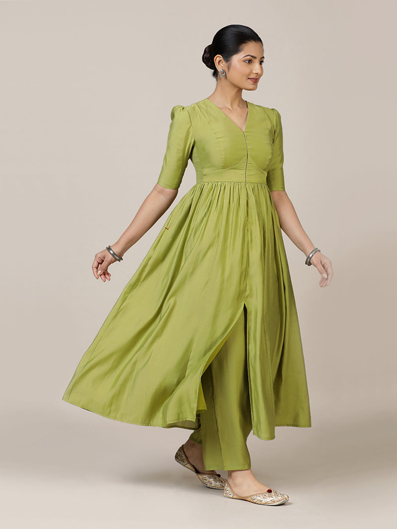 Faiza x Rozaana | A Line Kurta in Pista Green with Thread Work | Coords or Only Kurta-Binks