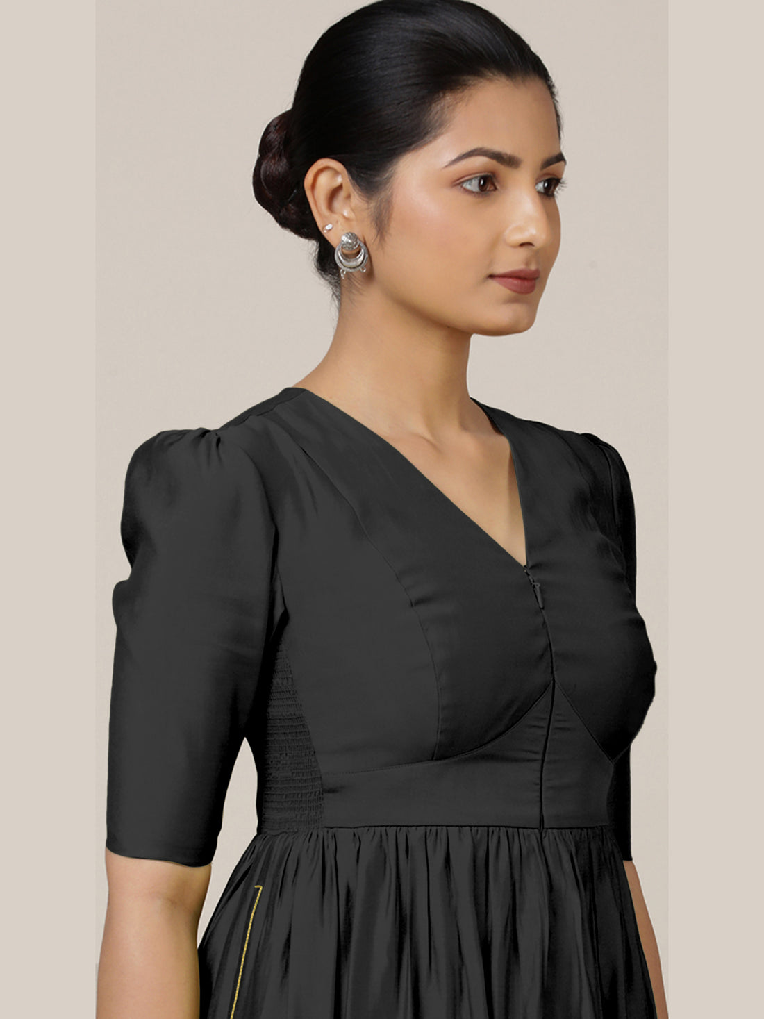 Faiza x Rozaana Kurta, in Black Viscose, featuring elbow sleeves and v-neckline, made for daily & work (view 3).