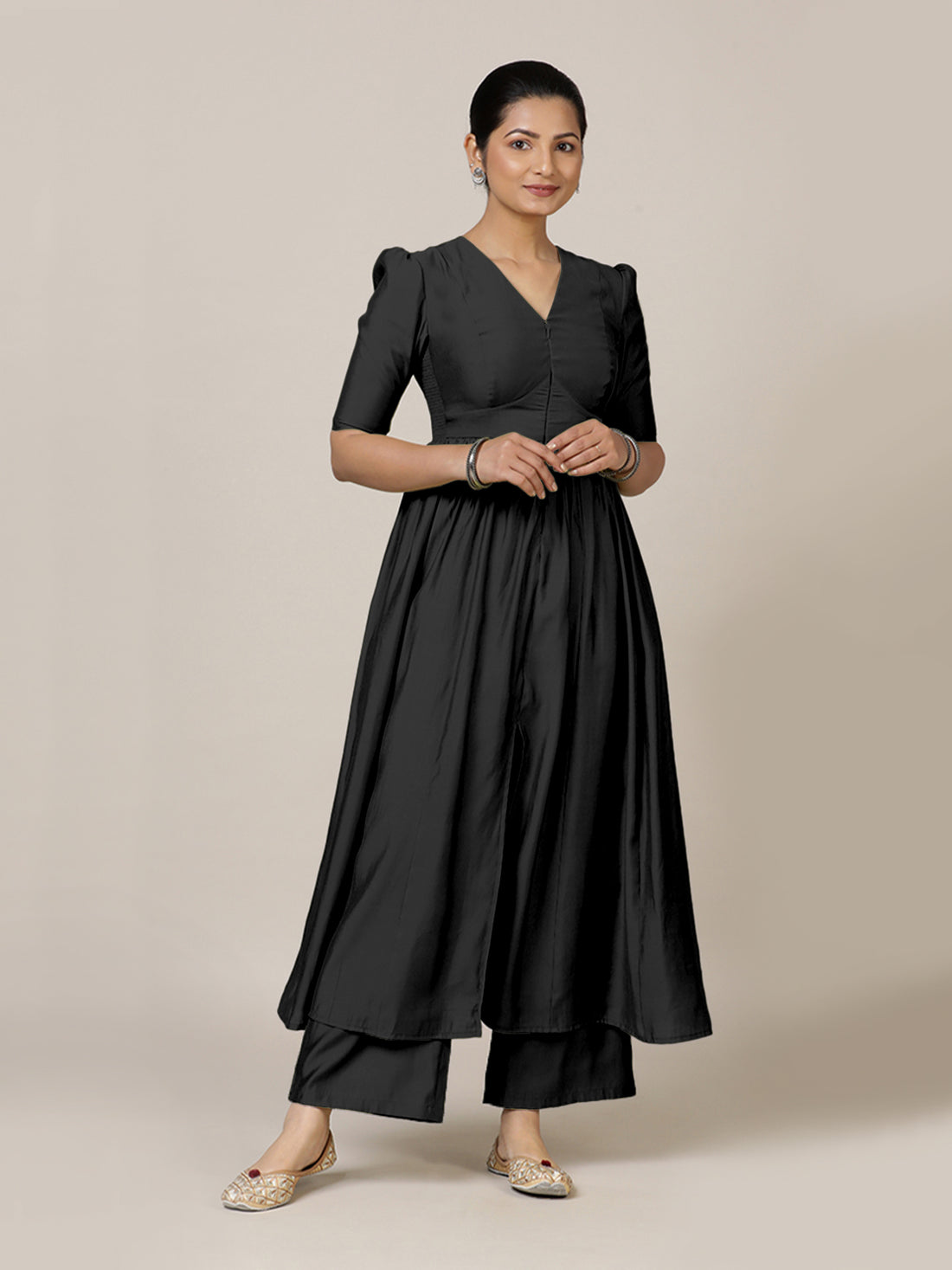 Faiza x Rozaana Kurta, in Black Viscose, featuring elbow sleeves and v-neckline, made for daily & work (view 7).