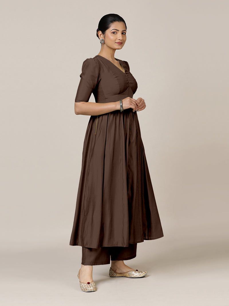 Faiza x Rozaana | A Line Kurta in Walnut Brown with Thread Work | Coords or Only Kurta-Binks