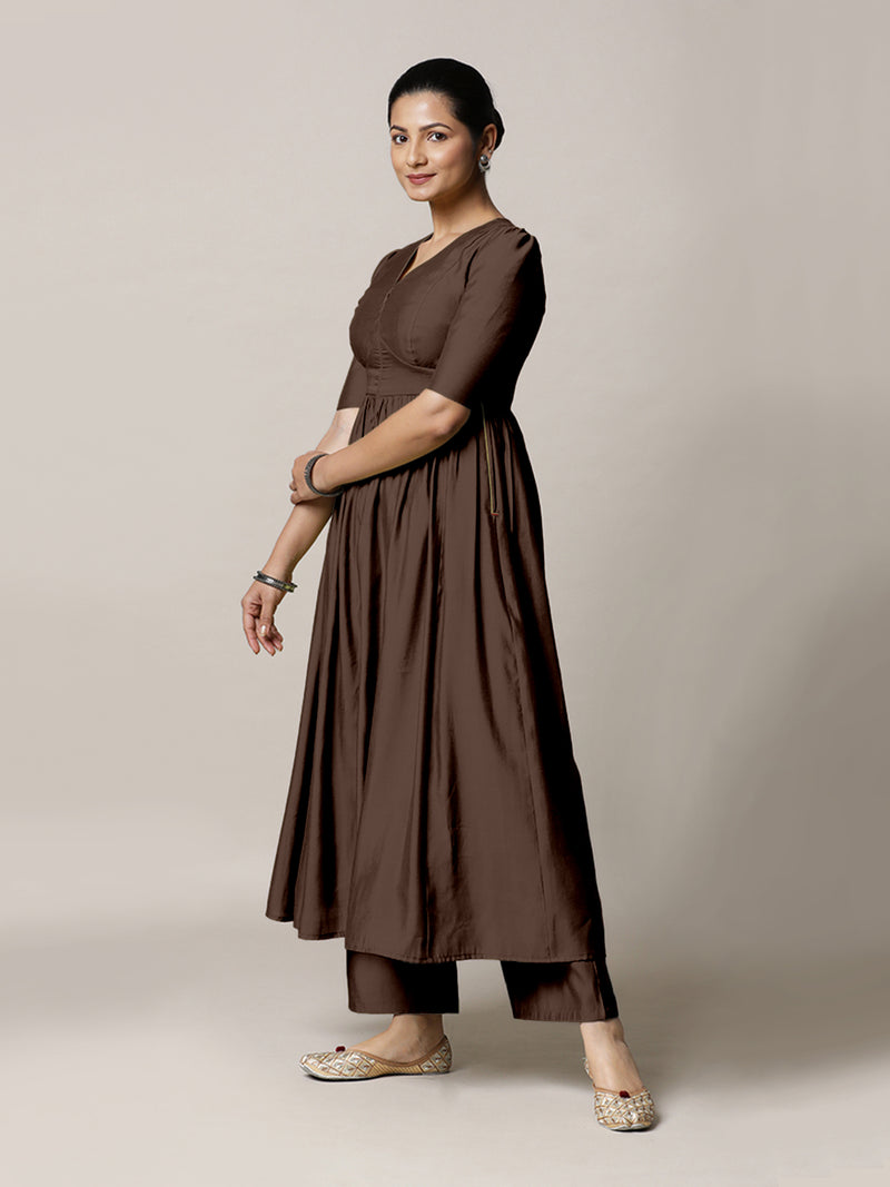 Faiza x Rozaana | A Line Kurta in Walnut Brown with Thread Work | Coords or Only Kurta-Binks