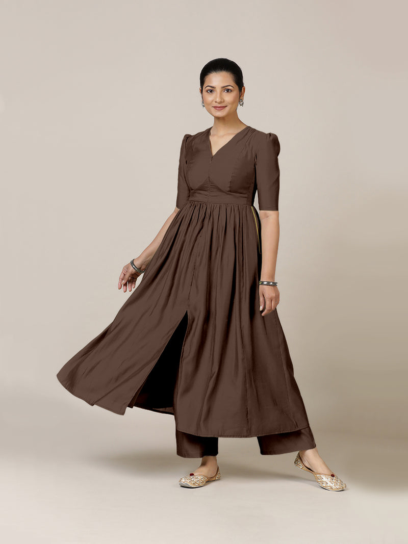 Faiza x Rozaana | A Line Kurta in Walnut Brown with Thread Work | Coords or Only Kurta-Binks