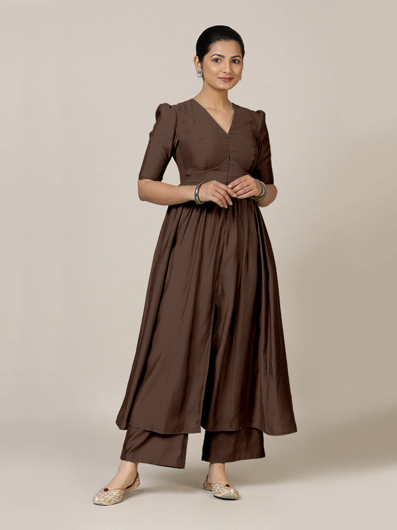 Faiza x Rozaana | A Line Kurta in Walnut Brown with Thread Work | Coords or Only Kurta-Binks